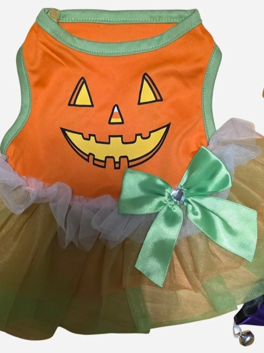 Pet Costume Orange & Green Tutu, Jack-O-Lantern, Jester Collar w/Bells Cat Dog